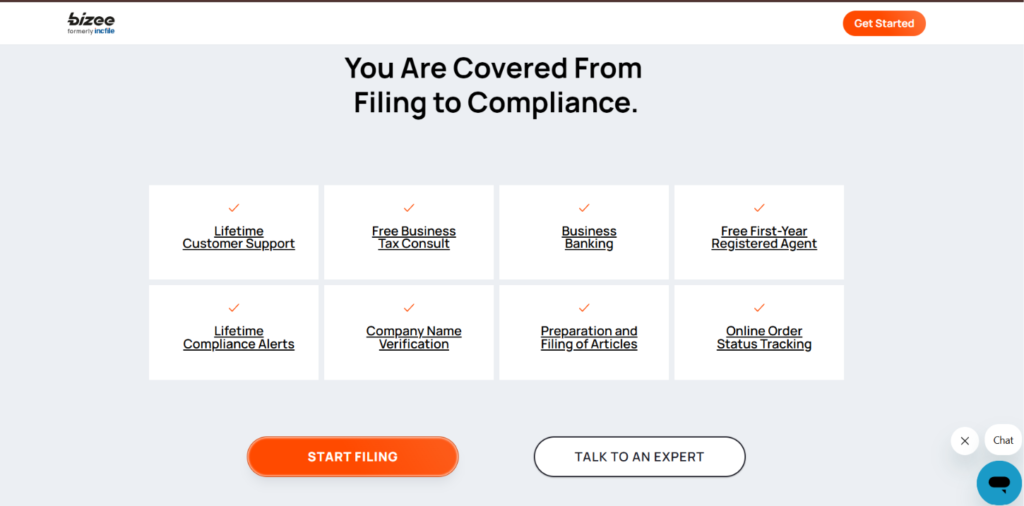 Bizee official website showcasing business formation services, LLC registration solutions, and details about a Bizee promo code.